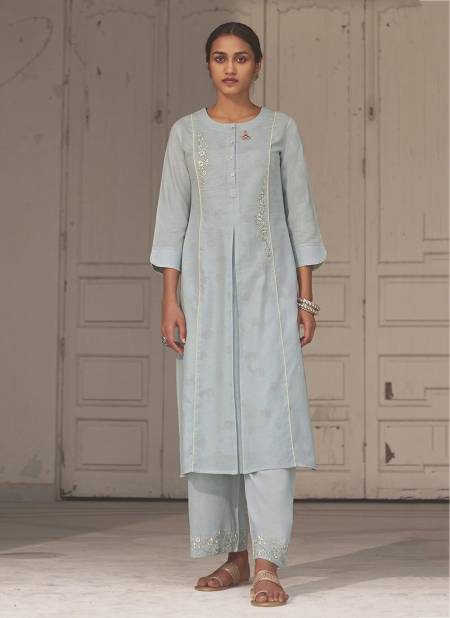 Sky Blue Saanjh Omtex Linen Cotton party wear Designer Handwork Rich Look Kurtis comes with palazzo Collection 55 Catalog