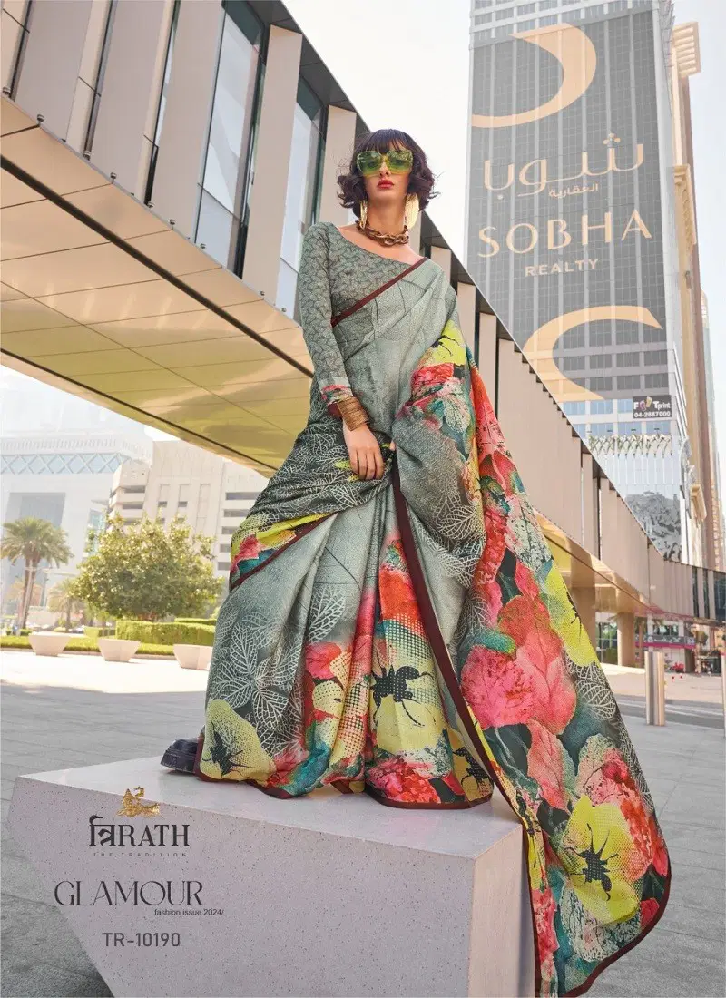 Grey Multi Colour Glamour By Trirath Swiss Satin Digital Printed Saree Wholesalers In Delhi 10190