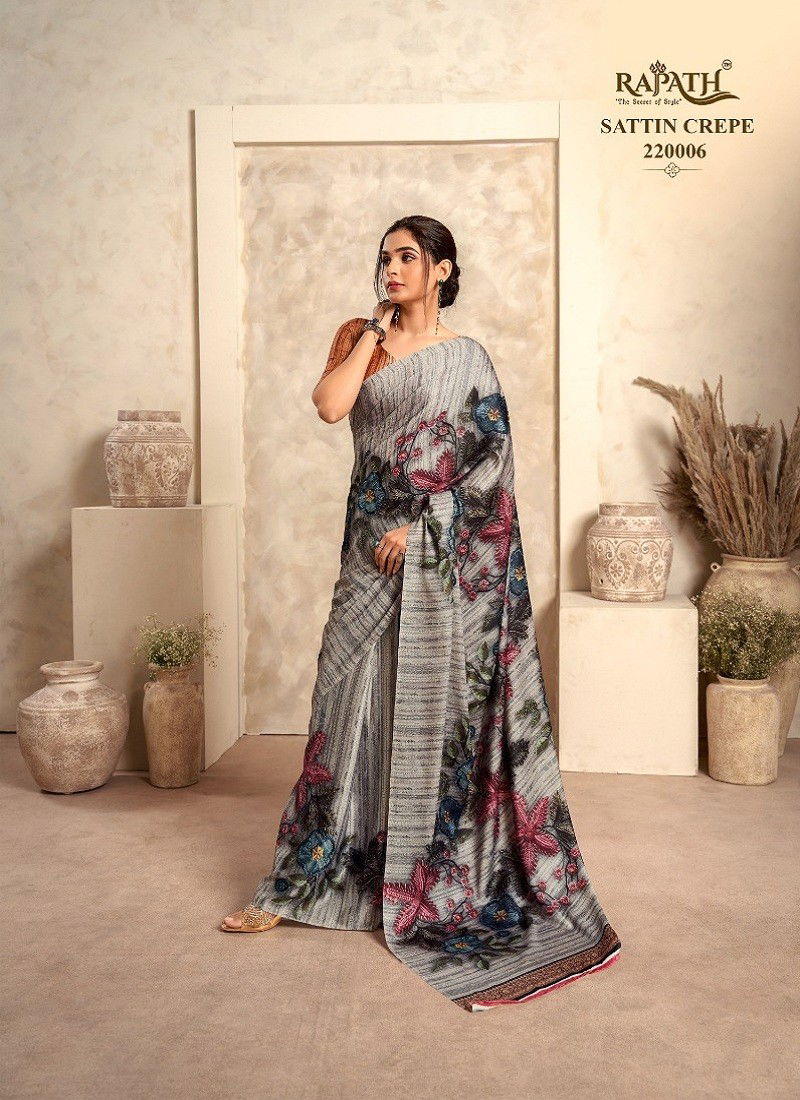 Grey Multi Colour Jasmine By Rajpath Printed Satin Crape Casual Wear Saree Manufactures 220006