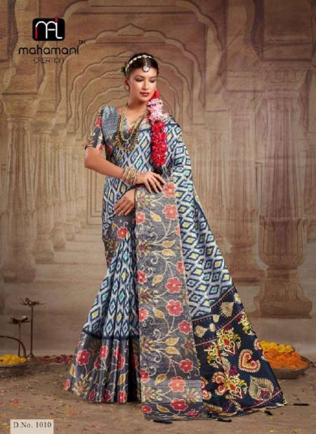 Grey Multi Colour Rashmika 1001 To 1012 By Mahamani Creation Printed Heavy Tusser Gotha Silk Saree Wholesale Online 1010