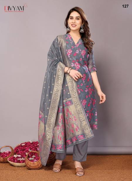 Grey Multi Colour Sadhna By Divyam Chanderi Cotton Designer Kurtis With Bottom Dupatta Exporters In India 127