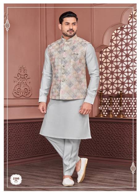 Grey Multi Colour Wedding Wear Art Embroidered Banarasi Silk Mens Modi Jacket Kurta Pajama Wholesale Manufacturers 2395