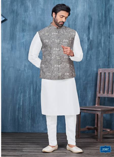 Grey White Colour Designer Party Wear Art Banarasi Silk Mens Modi Jacket Kurta Pajama Wholesale Online 2367