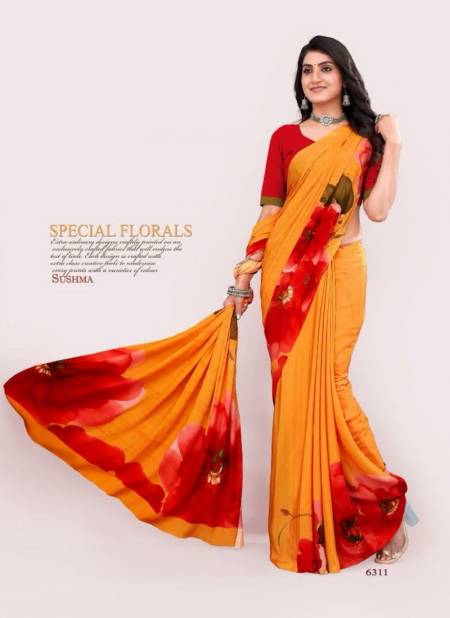 Kesari And Red Colour Modern Classy By Sushma Digital Printed Crape Saree Surat Wholesale Market 6311
