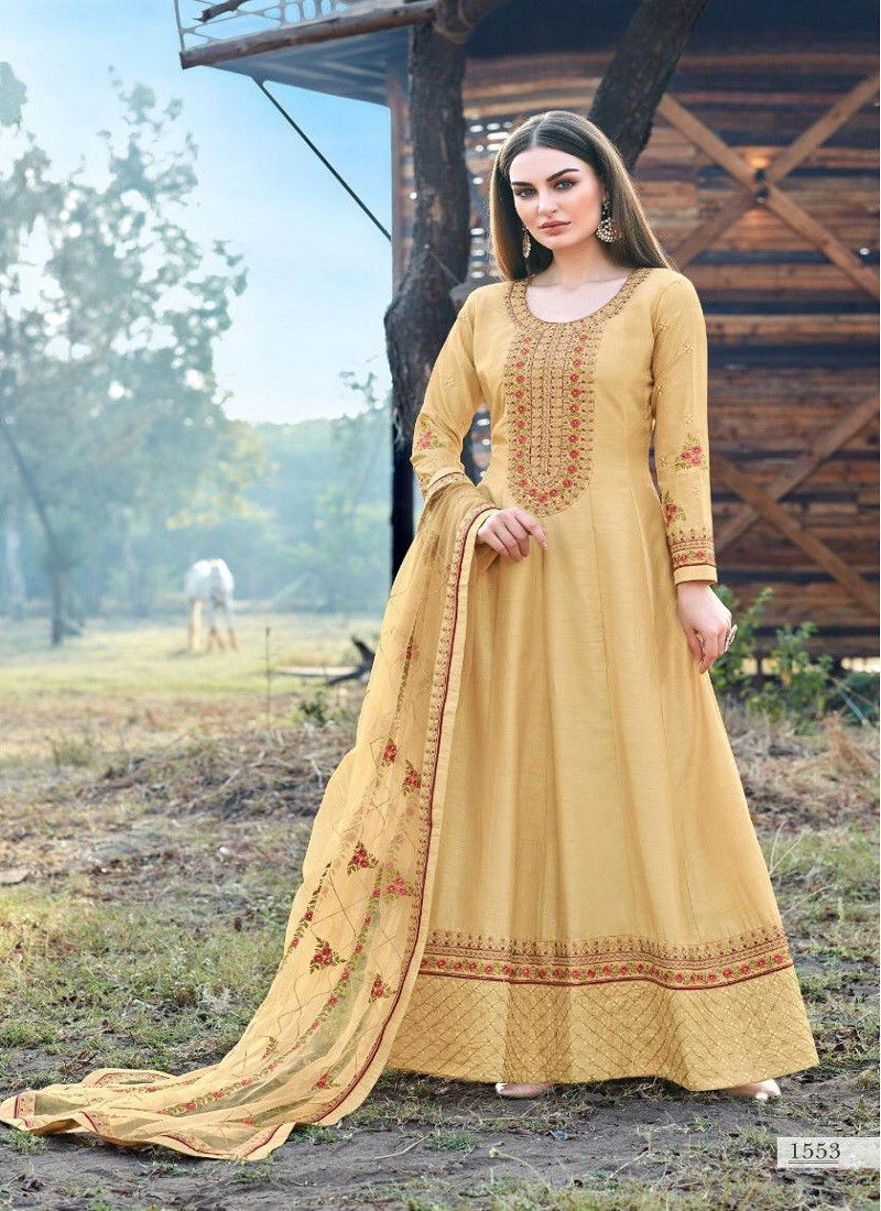 Khaki Colour Kashish By Bela Dola Silk Embroidery Anarkali Suit Wholesalers In Delhi 1553