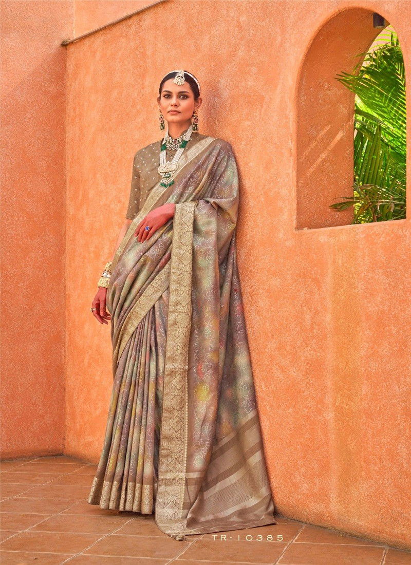 Khaki Colour Rang Tarang By Trirath P V Silk Foil Printed Saree Wholesale Shop In Surat 10385