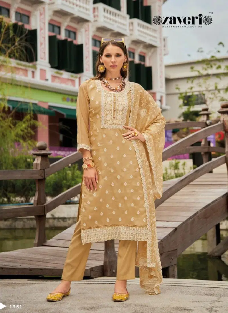 Khaki Colour Shazar By Zaveri Organza Embroidery Kurti With Bottom Dupatta Wholesale In India 1351