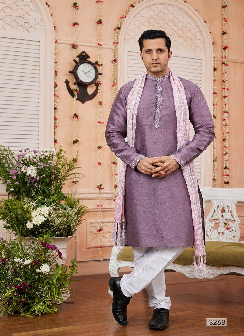 Lavender Colour 1644 Function Wear Art Banarasi Silk Mens Kurta Pajama With Dupatta Orders In India 3268