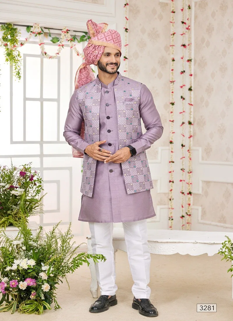 Lavender Colour 1645 Wedding Wear Art Silk Mens Modi Jacket Kurta Pajama Exporters In India 3281