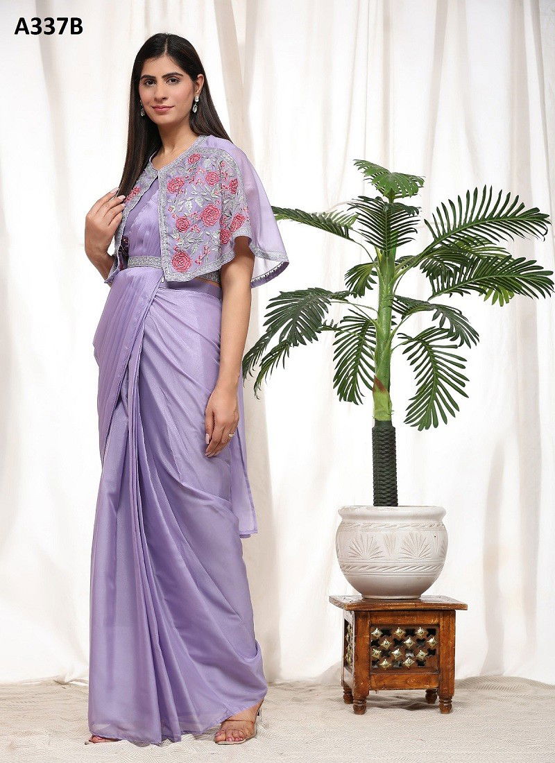 Lavender Colour Amoha A337 Imported Chiffon Party Wear Readymade Saree Wholesalers In Delhi A337B