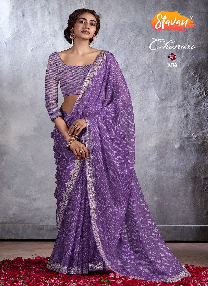 Lavender Colour Chunari By Stavan Designer Chiffon Embroidery Sarees Wholesale Price In Surat 1014