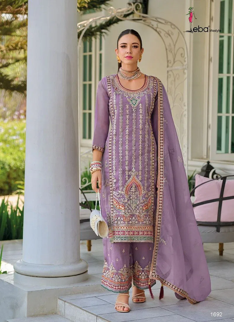 Lavender Colour Didaar By Eba Shimmer Embroidery Kurti With Bottom Dupatta Wholesalers In India 1692