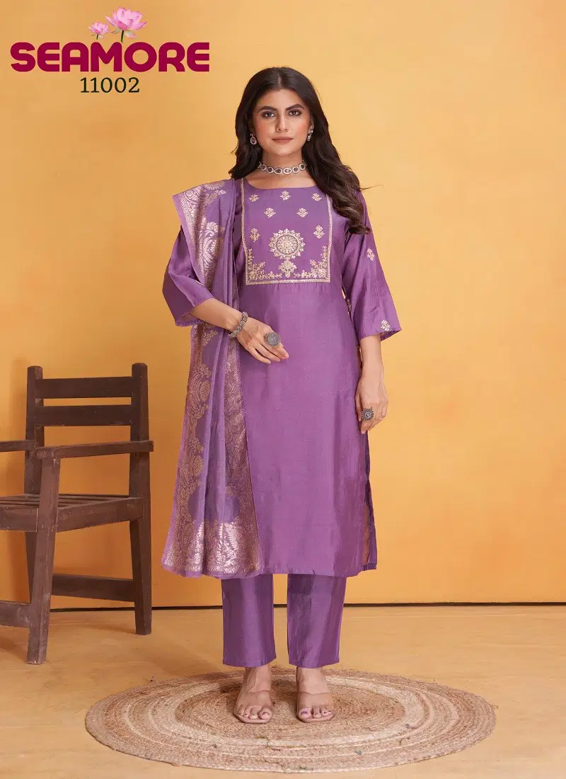 Lavender Colour Dulhan By Seamore Roman Silk Embroidery Kurti With Bottom Dupatta Exporters In India 11002