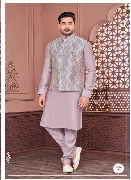 Lavender Colour Function Wear Art Banarasi Silk Mens Modi Jacket Kurta Pajama Wholesale Market In Surat 2390