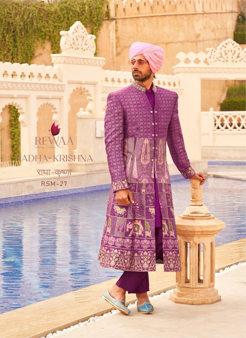 Lavender Colour Radha-Krishna By Rewaa Designer Wedding Mens Wear Sherwani Wholesalers In Delhi RSM-27