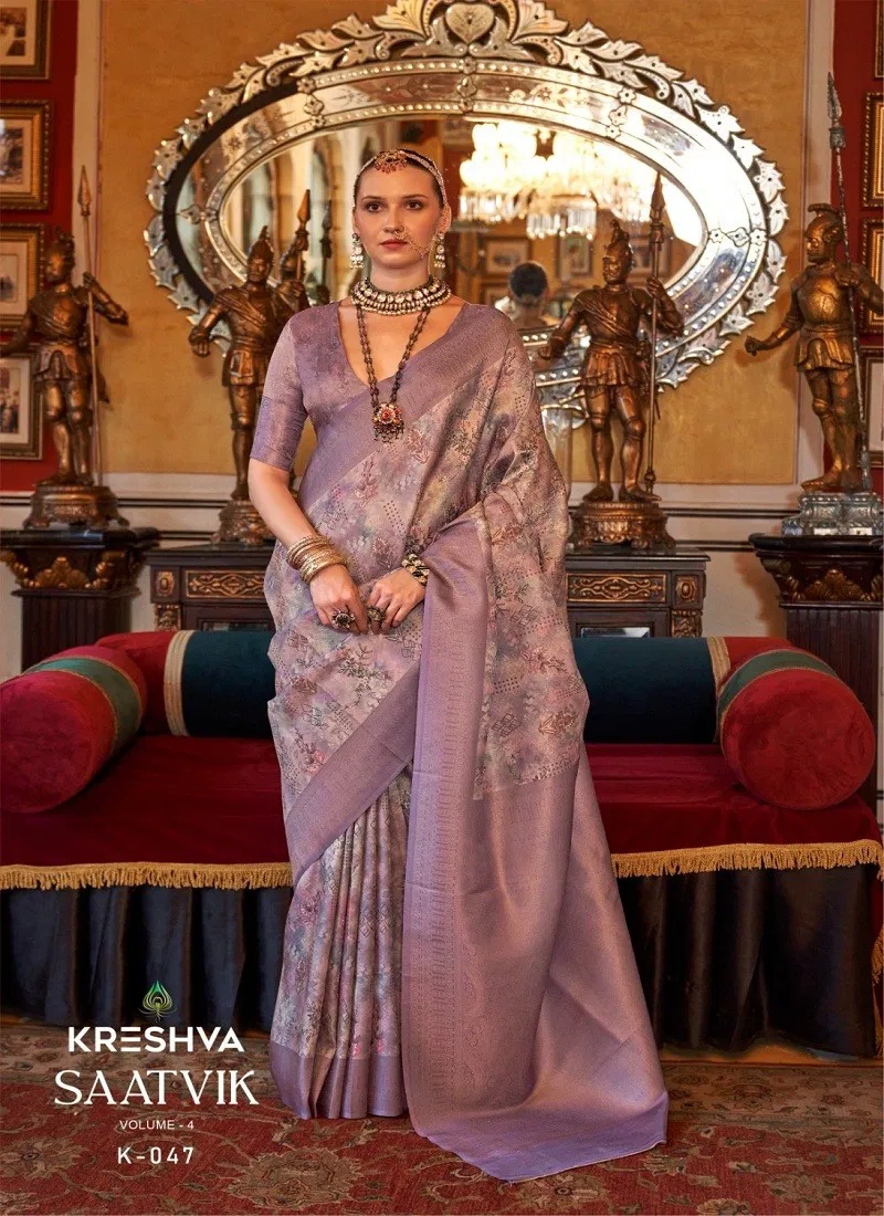 Lavender Colour Saatvik Vol 4 By Kreshva Tusser Silk Digital Printed Saree Orders In India K-047