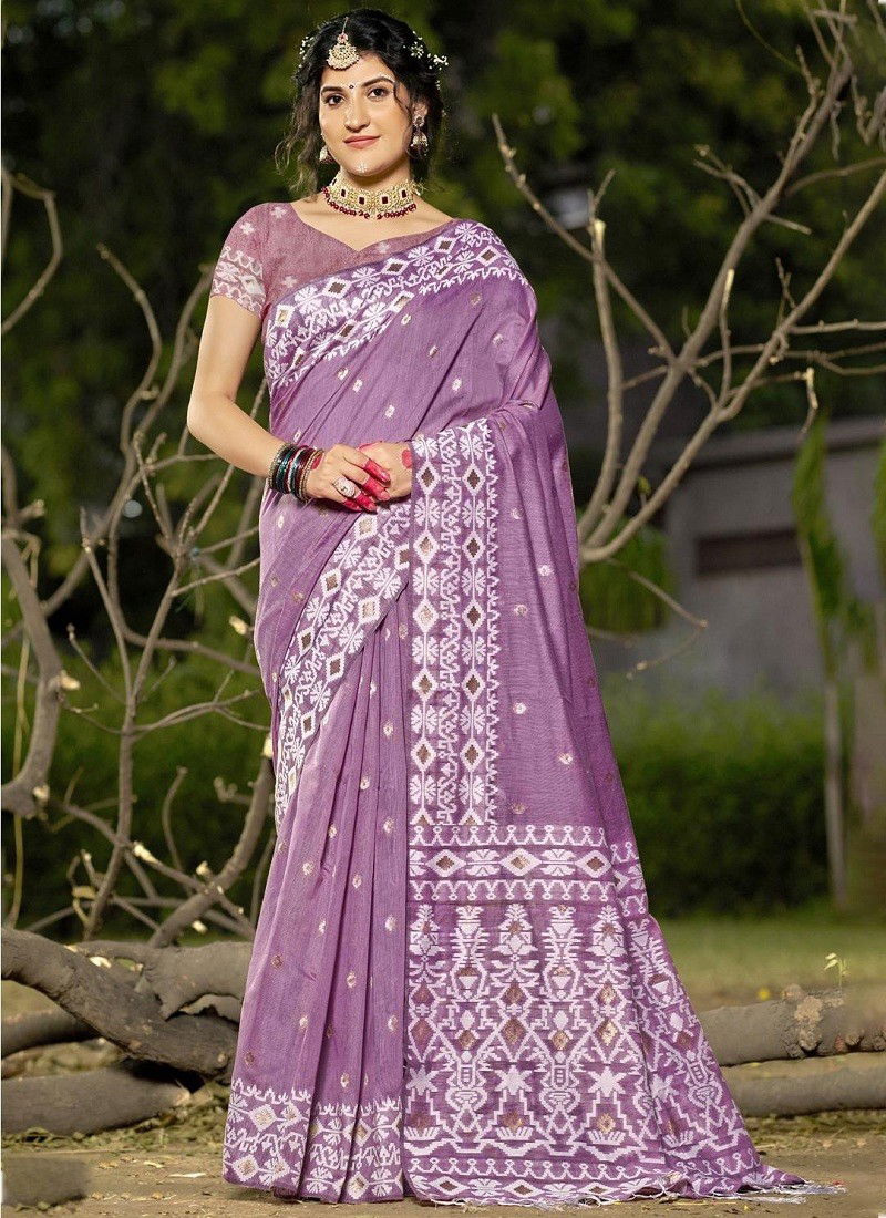 Lavender Colour Silver Linen Cotton By Bunawat Designer Wedding Saree Suppliers In India 1002