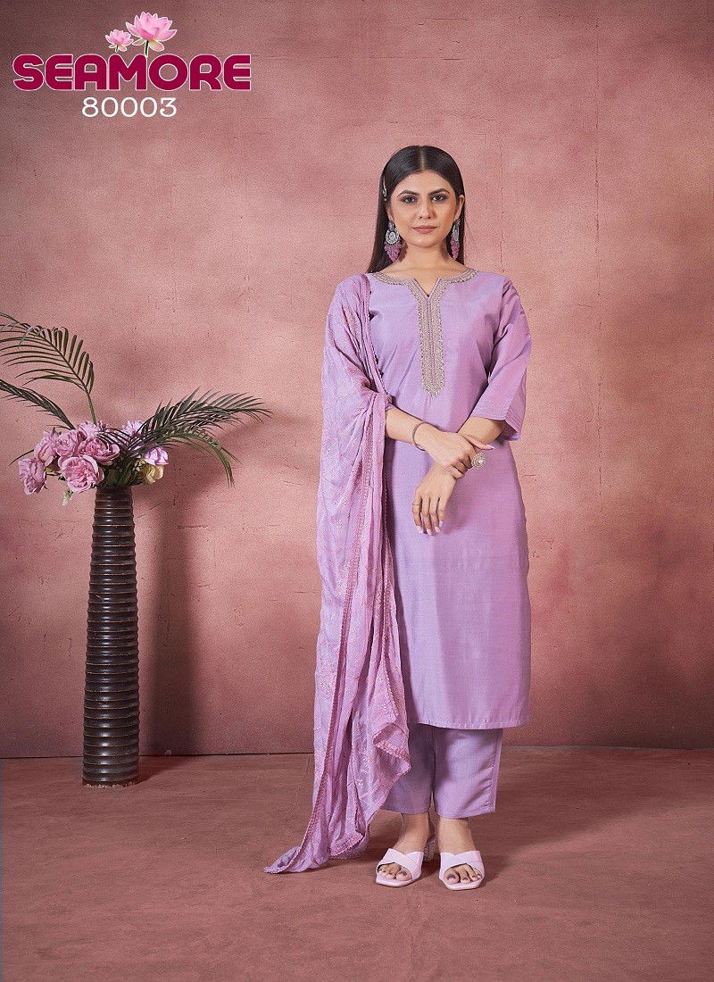 Lavender Colour Vantara Vol 1 By Seamore Art Silk Embroidery Kurti With Bottom Dupatta Wholesale Online 80003