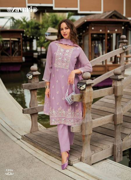 Lavender Colour Zaira By Zaveri Chiffon Embroidery Kurti With Bottom Dupatta Exporters In India 1354