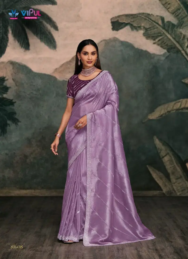 Lavender Colour Zari By Vipul Organza Party Wear Saree Wholesale Shop In India 81608