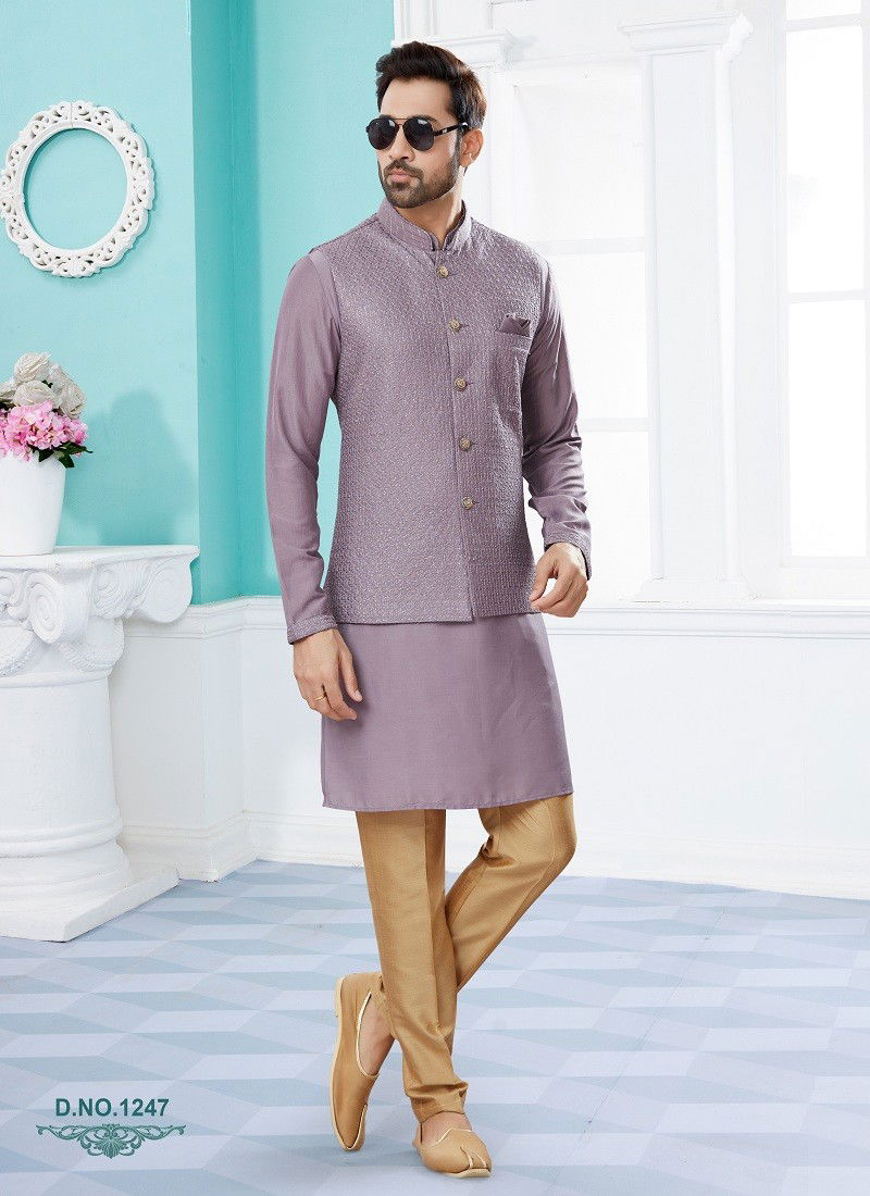 Lavender Vol 15 Wedding Wear Mens Modi Jacket Kurta Pajama Surat Wholesale Market 1247