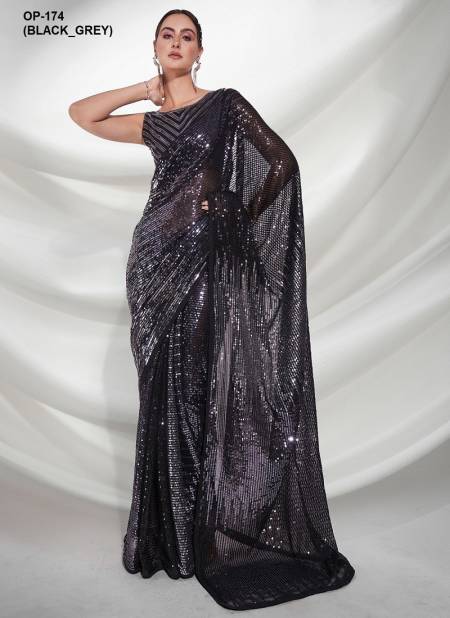 Laxminam Georgette Party Wear Sarees Wholesale Clothing Suppliers In India OP-174 BLACK_GREY