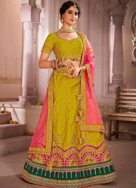 Lemon Yellow Colour Embroidered Attractive Party Wear Silk Lehenga cho