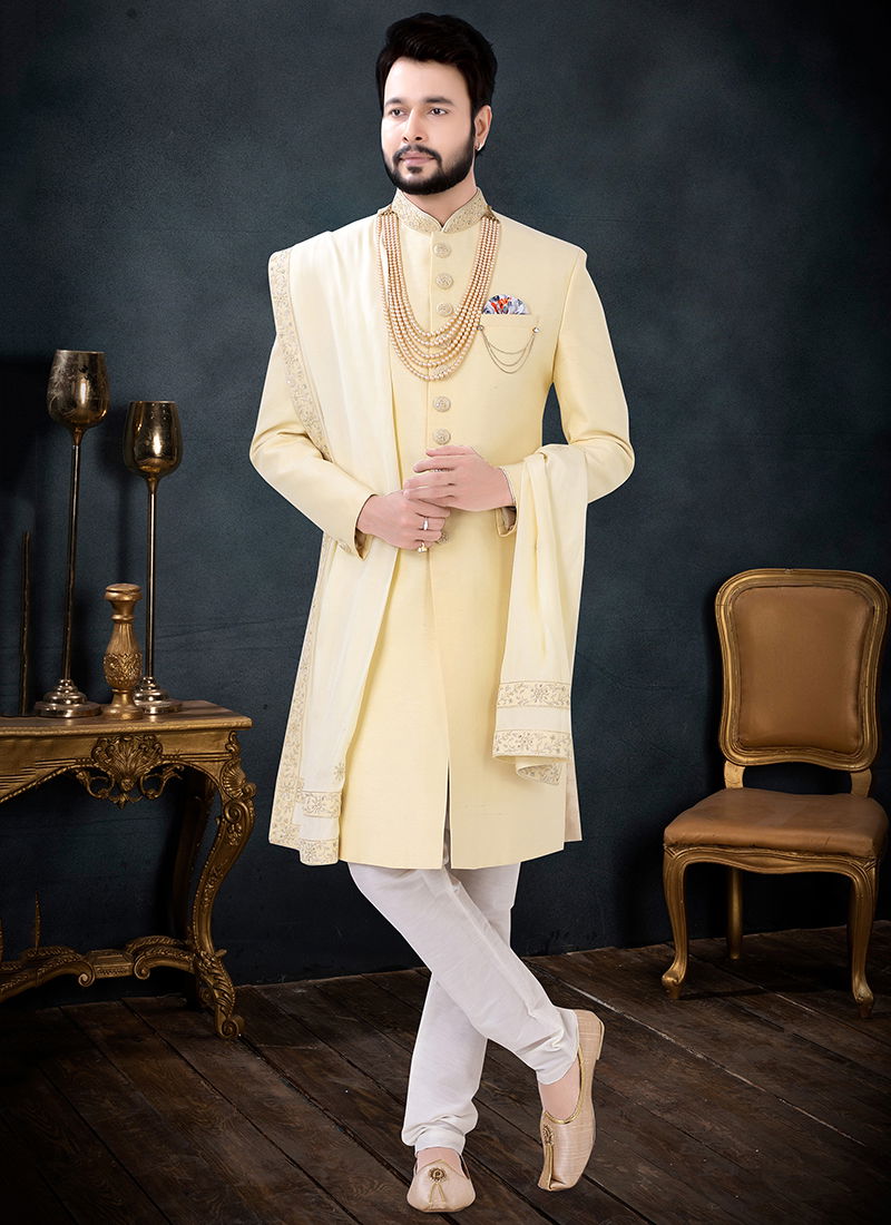 Lemon And White Wedding Wear Mens Wholesale Indo Western 1690