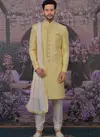 Lemon Art Embroidered Banarasi Silk Wedding Sherwani with Stole 180586