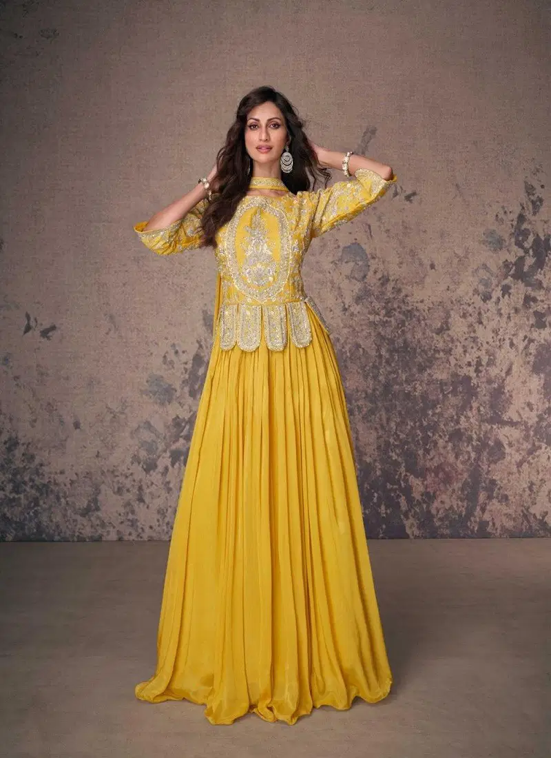 Lemon Colour Aroma By Sayuri Designer Real Chinon Silk Readymade Suits Wholesale Online 5546