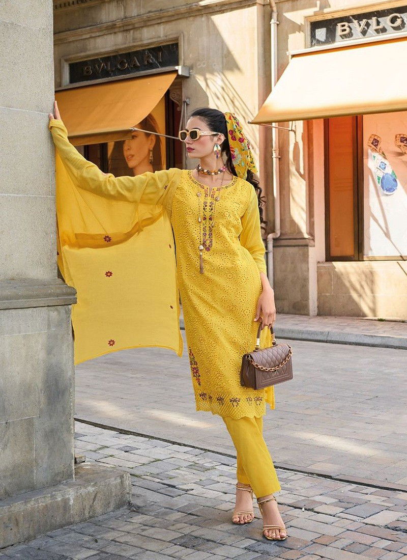 Lemon Colour Maruel By Zaveri Cotton Embroidery Readymade Suits Orders In India 1335