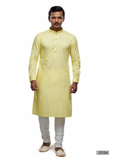 Lemon Colour Mens Wear Soft Plain Art Silk Kurta Pajama Wholesale Online 2554