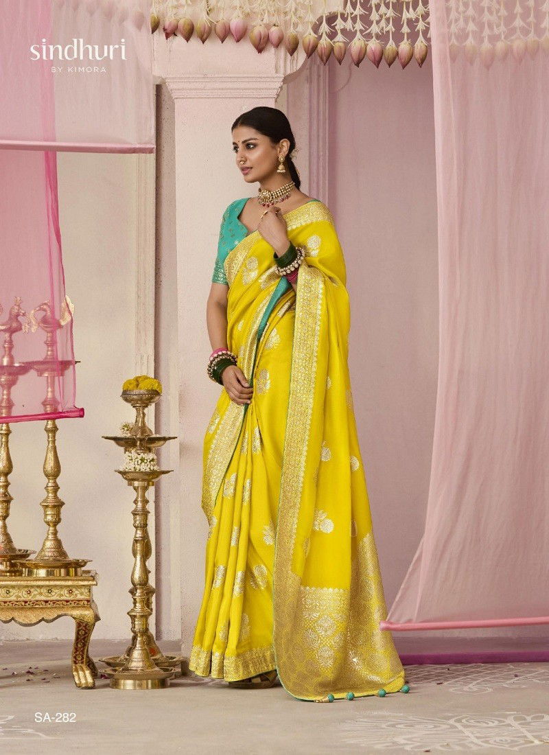 Lemon Colour Premika By Kimora Dola Viscose Silk Weddding Wear Saree Wholesale Price In Surat SA-282