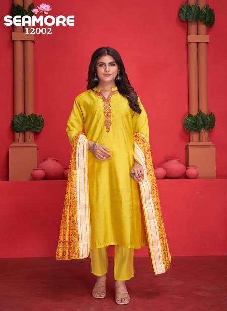 Lemon Colour Savariya By Seamore Roman Silk Embroidery Kurti With Bottom Dupatta Exporters In India 12001