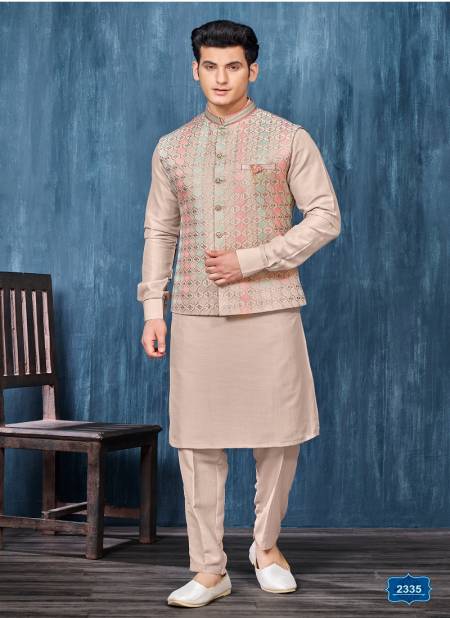 Light Beige Colour Occasion Wear Art Banarasi Silk Mens Modi Jacket Kurta Pajama Wholesale Market In Surat 2335