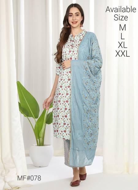 Light Blue And Red Colour Mesmora Heavy Embroidered Printed Cotton Kurti With Bottom Dupatta Surat Wholesale Market MF078