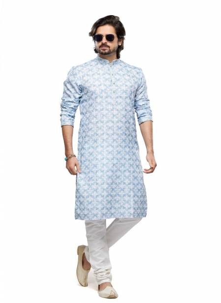 Light Blue And White Colour Occasion Mens Wear Designer Printed Stright Kurta Pajama Wholesale Shop In Surat 2529