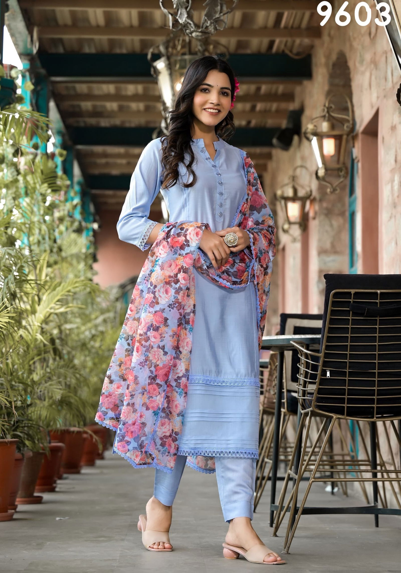 Light Blue Colour Label Khoj 9601 To 9610 Embroidery Designer Readymade Suits Suppliers In India 9603