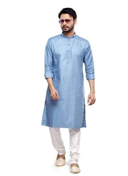 Light Blue Colour Mens Wear Soft Plain Art Silk Kurta Pajama Wholesale Online 2555