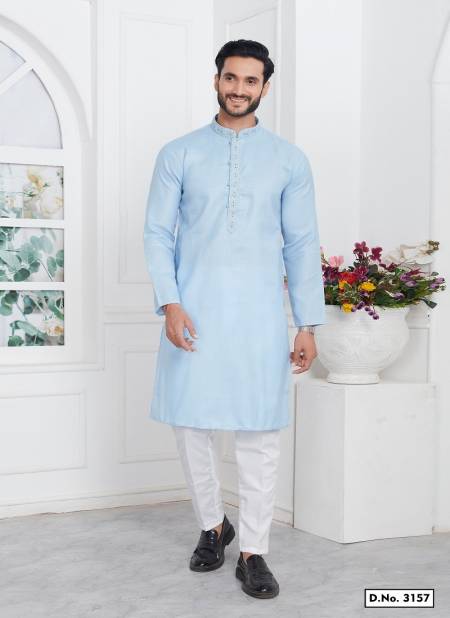 Light Blue Colour Occasion Mens Wear Premium Linen Cotton Designer Kurta Pajama Wholesale Online 3157