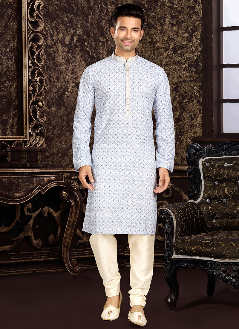 Light Blue Colour Outluk 116 Party Wear Mens Kurta Pajama Catalog 116003