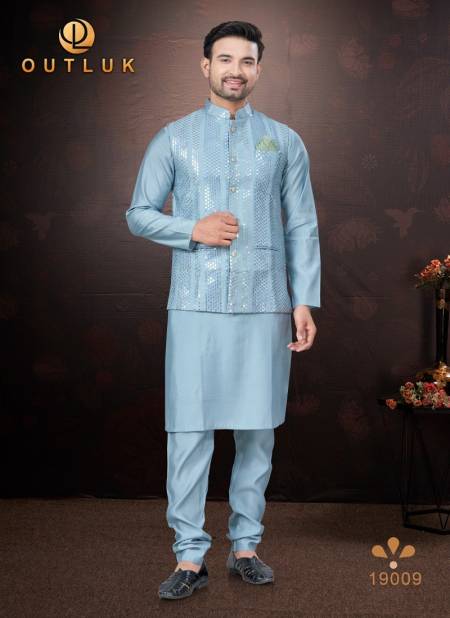 Light Blue Colour Outluk Wedding Collection Vol 19 Pure Silk Mens Modi Jacket Kurta Pajama Wholesale Online 19009