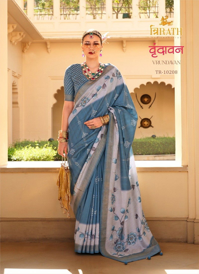 Light Blue Colour Vrundavan By Trirath Pv Silk Flower Foil Printed Saree Wholesale Shop In Surat TR-10208