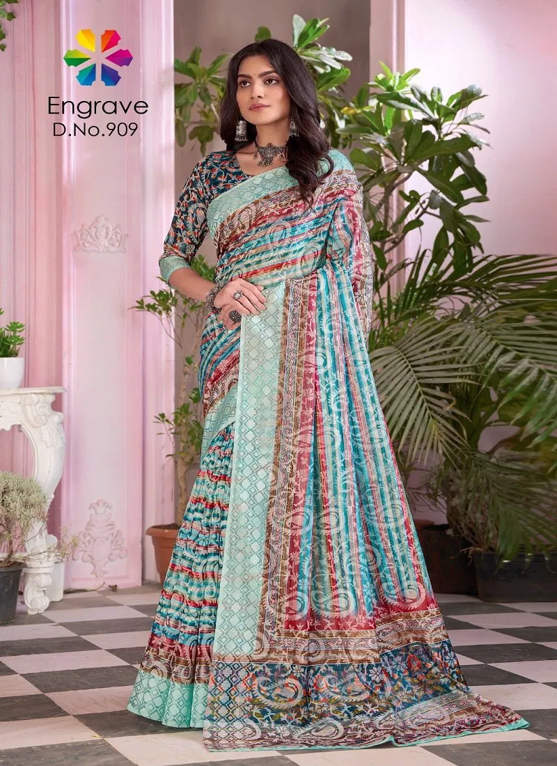 Light Blue Multi Colour Engrave By Jivora Chanderi Silk Daily Wear Saree Suppliers In India 909