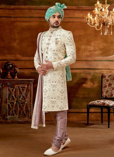 Light Brown And White Colour Designer Exclusive Wear Wholesale Sherwani Catalog 1038