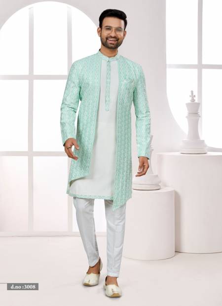 Light C Green and Off White Colour Party wear Indo Western Mens wear Catalog 3008