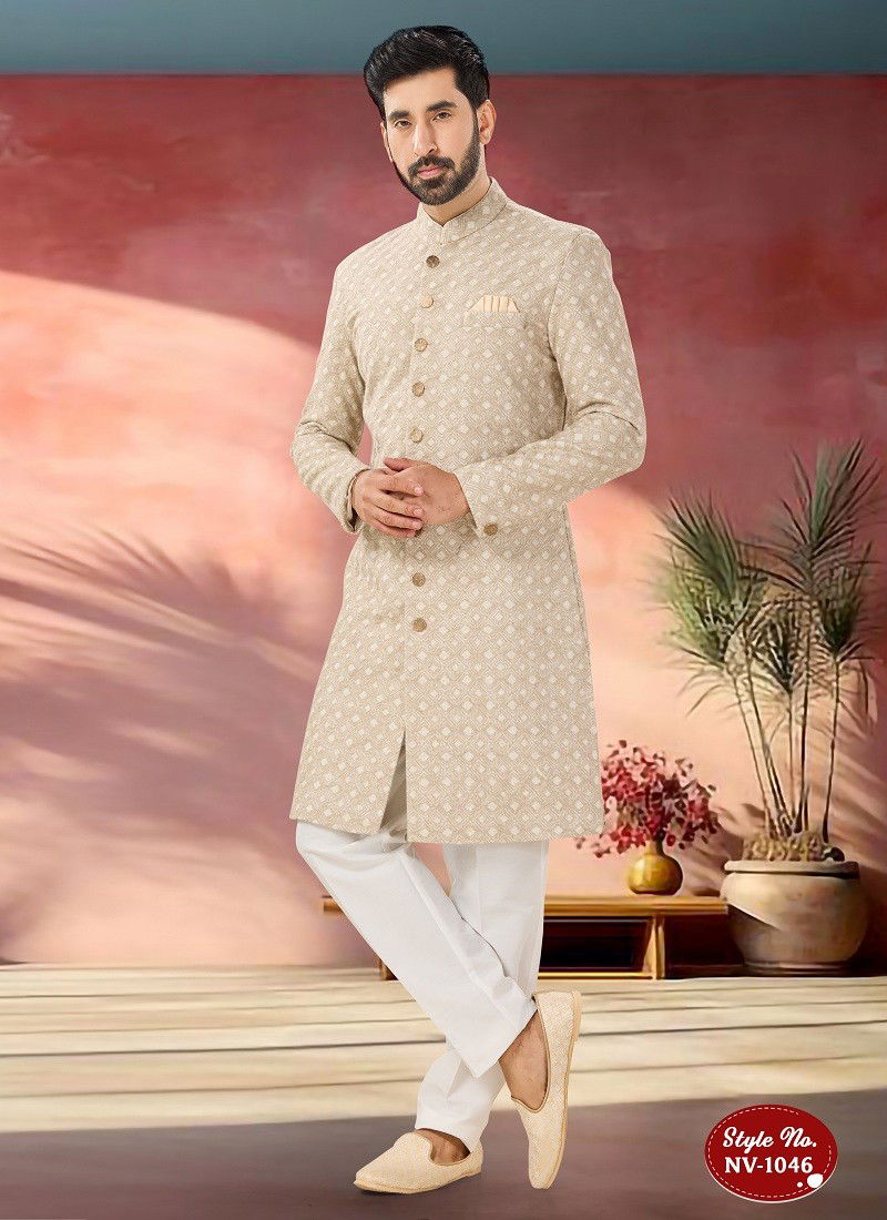 Light Cream Colour 1651 2 Designer Party Wear Mens Indo Western Suppliers In India NV 1046