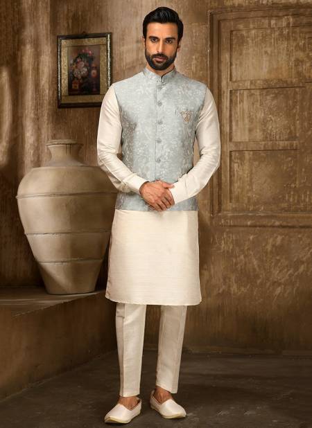 Light Gray And Cream Colour Festival Wear Wholesale Kurta Pajama With Jacket Collection 1359