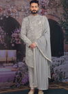 Light Gray Art Embroidered Banarasi Silk Wedding Sherwani with Stole 180581