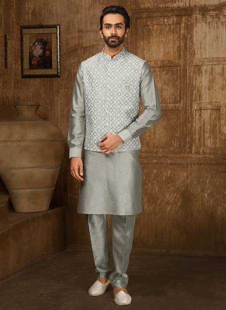 Light Gray Colour Ethnic Wear Wholesale Kurta Pajama With Jacket Collection 1309